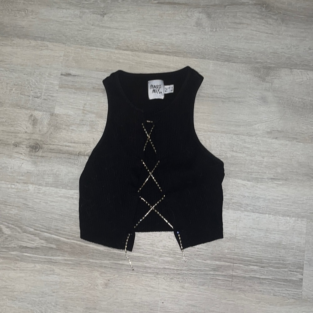 PRINCESS POLLY black Cropped diamanté / diamond stringed crop top
